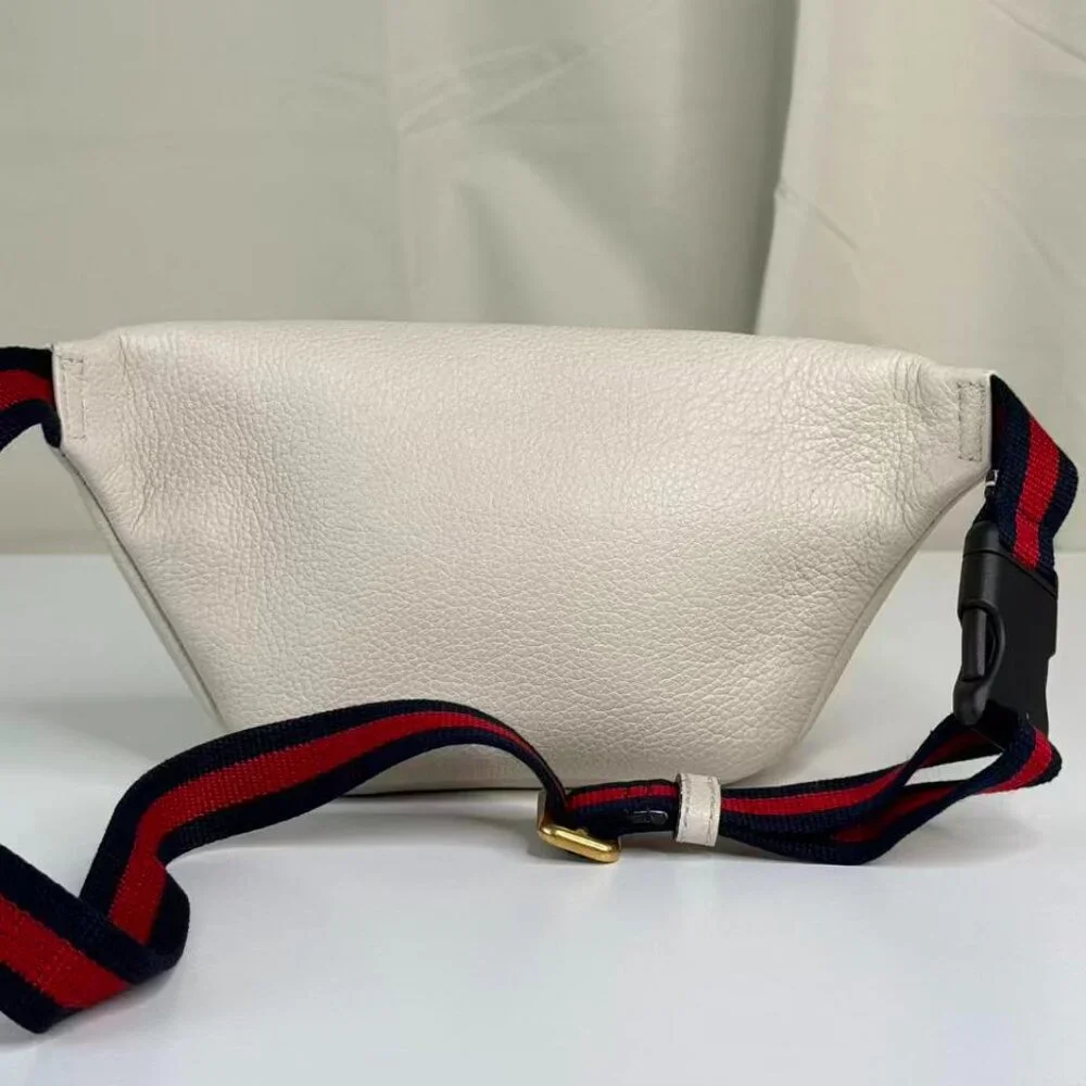Gucci GG Logo White Leather Bum Bag with Green Red Stripes & Gold Zipper